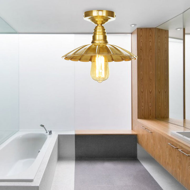 Vintage Waveforms/Scalloped Shade Semi Flush Ceiling Light - Brass Finish 8’/9.5’ W Metal