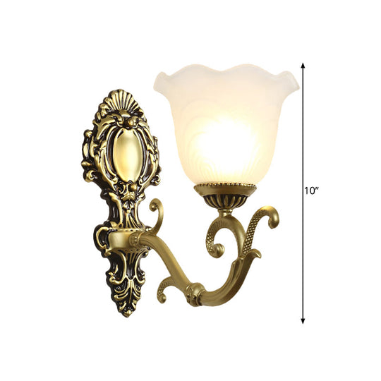 Vintage Brass/Beige Frosted Ribbed Glass Wall Sconce Lamp With Curvy Arm - 1 Light Bloom