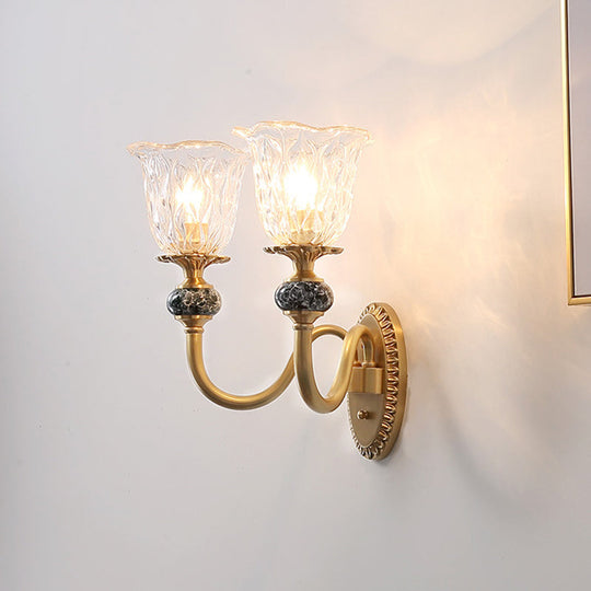 Floral Farmhouse Dining Room Wall Sconce - Clear Ribbed Glass 6/17 W 2 Lights Brass Finish / 17