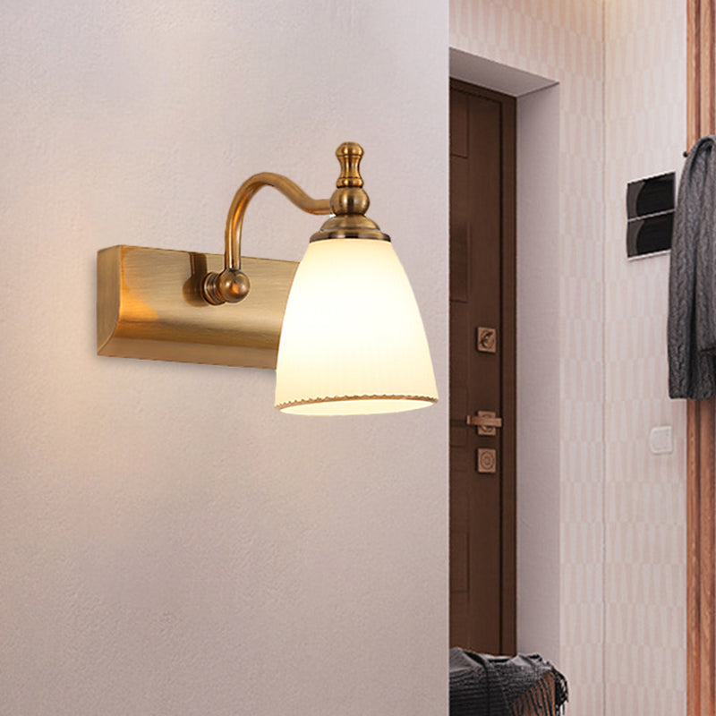 Brass Wall Mount Lamp - Cottage Bell Shape Frosted Glass Vanity Light Fixture With 1/2-Bulb