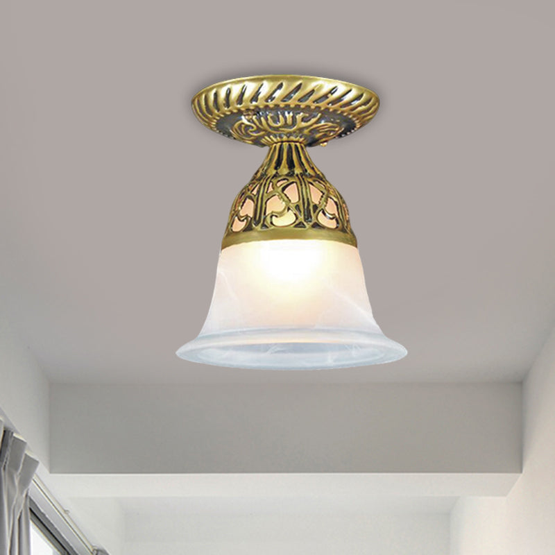 Frosted Glass Farmhouse Flush Mount Lamp - Bell Shape 1 - Head Brass Ceiling Light Fixture For