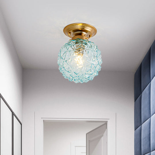 Countryside Blue/Clear/Smoke Gray Prismatic Glass Pine Cone Hallway Ceiling Lamp - Brass Flush