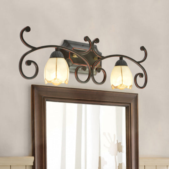 Frosted Glass Blossom Vanity Lamp: Antiqued 2/3 Heads Bathroom Twig Design Wall Lighting (Red Brown)