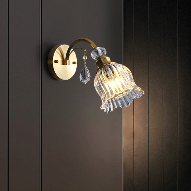 Clear Fluted Glass Wall Light With Crystal Drop Decor In Brass