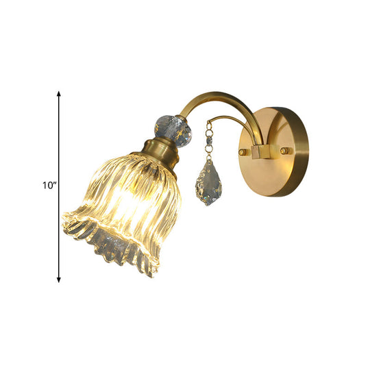 Clear Fluted Glass Wall Light With Crystal Drop Decor In Brass