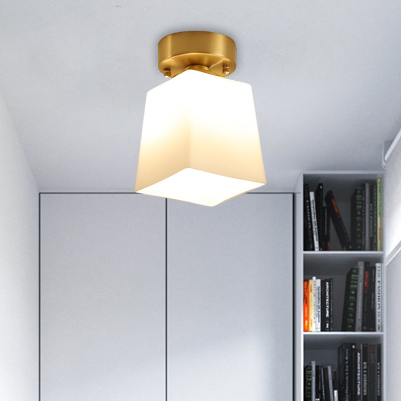 White Glass Brass Flush Lamp - Scalloped/Shell/Trapezoid Design 1 - Light Cottage Ceiling Mount For