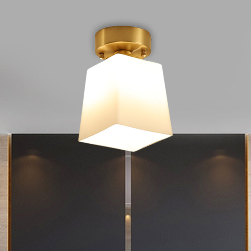 White Glass Brass Flush Lamp - Scalloped/Shell/Trapezoid Design 1 - Light Cottage Ceiling Mount For