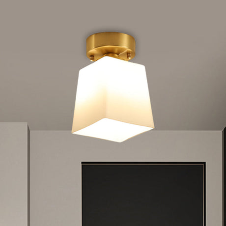 White Glass Brass Flush Lamp - Scalloped/Shell/Trapezoid Design 1-Light Cottage Ceiling Mount For