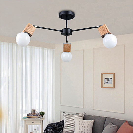 Semi Flush Industrial Ceiling Lamp With Wood Accents - 3/5-Light Metal Open Bulb Fixture For