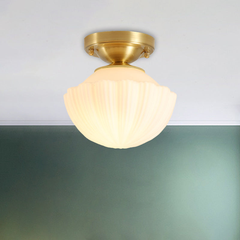 White Glass Brass Flush Lamp - Scalloped/Shell/Trapezoid Design 1 - Light Cottage Ceiling Mount For