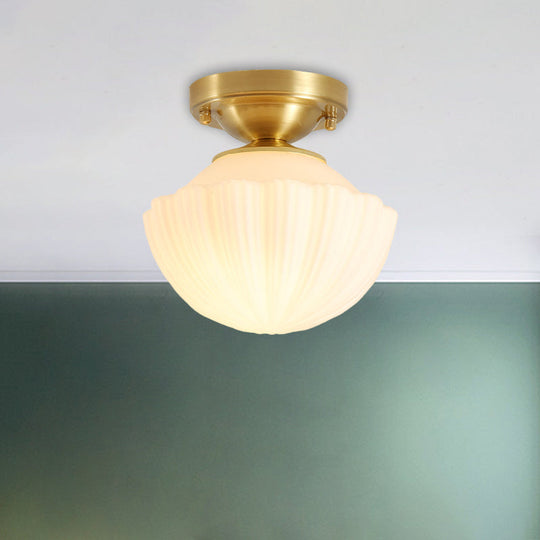 White Glass Brass Flush Lamp - Scalloped/Shell/Trapezoid Design 1-Light Cottage Ceiling Mount For