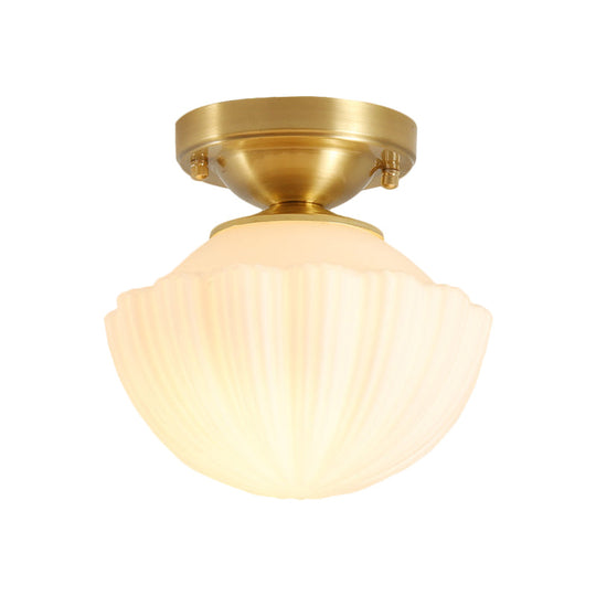White Glass Brass Flush Lamp - Scalloped/Shell/Trapezoid Design 1 - Light Cottage Ceiling Mount For