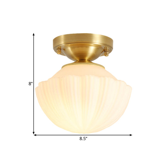 White Glass Brass Flush Lamp - Scalloped/Shell/Trapezoid Design 1 - Light Cottage Ceiling Mount For