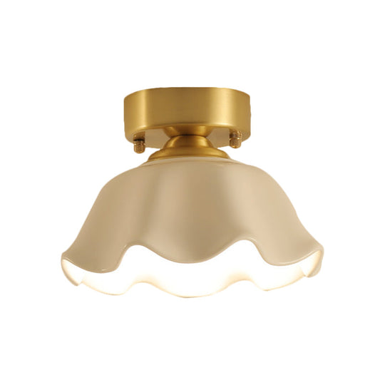 White Glass Brass Flush Lamp - Scalloped/Shell/Trapezoid Design 1-Light Cottage Ceiling Mount For