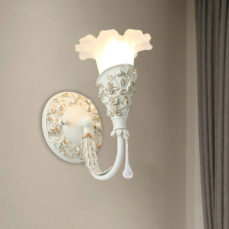 Farmhouse Frosted Glass Bedroom Sconce Light With Crystal Drop Decor Ivory