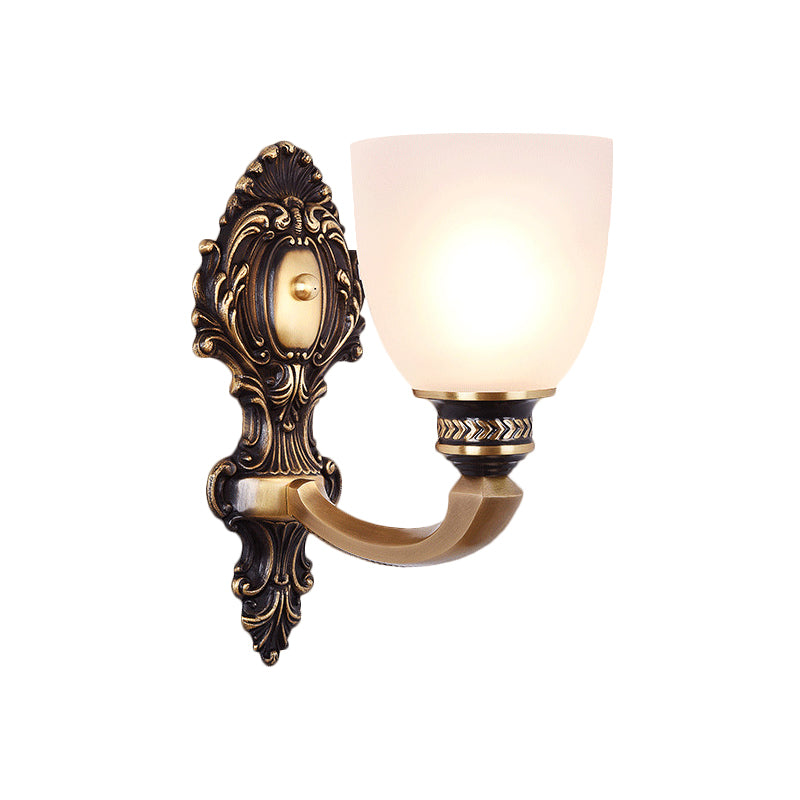 Country White Glass Wall Sconce Light - 2-Head Brass Fixture Inverted Bell Design 5/14 Wide