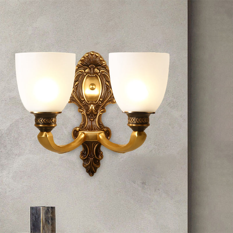 Country White Glass Wall Sconce Light - 2-Head Brass Fixture Inverted Bell Design 5/14 Wide / 14