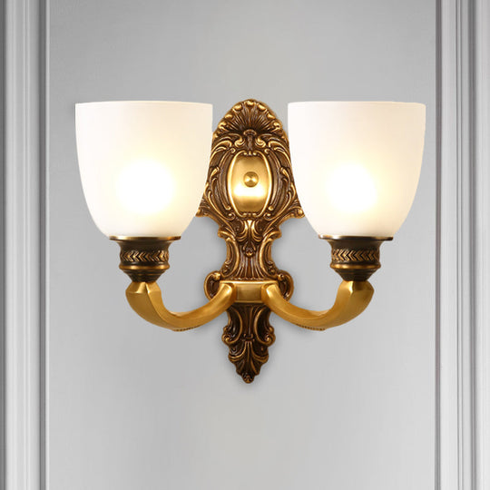 Country White Glass Wall Sconce Light - 2-Head Brass Fixture Inverted Bell Design 5/14 Wide