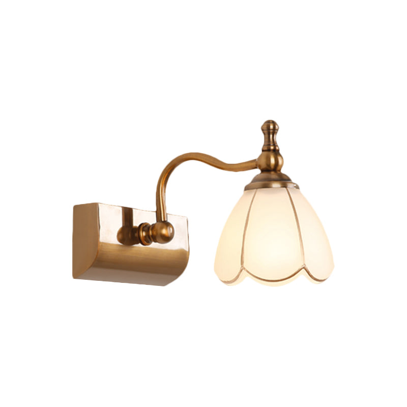 Rustic Wall Mounted Vanity Lamp: White Glass Brass Scalloped 1/2-Light With Curved Arm