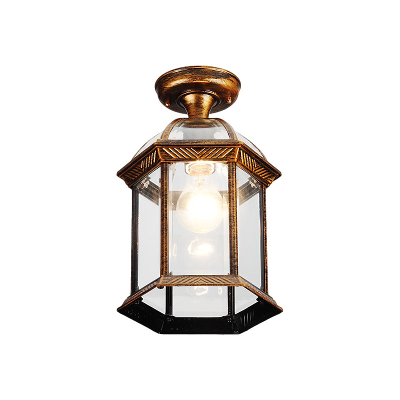 Traditional Flush Mount Cage Lantern With Single Bulb In Black/Brass 8’/9.5’ Wide