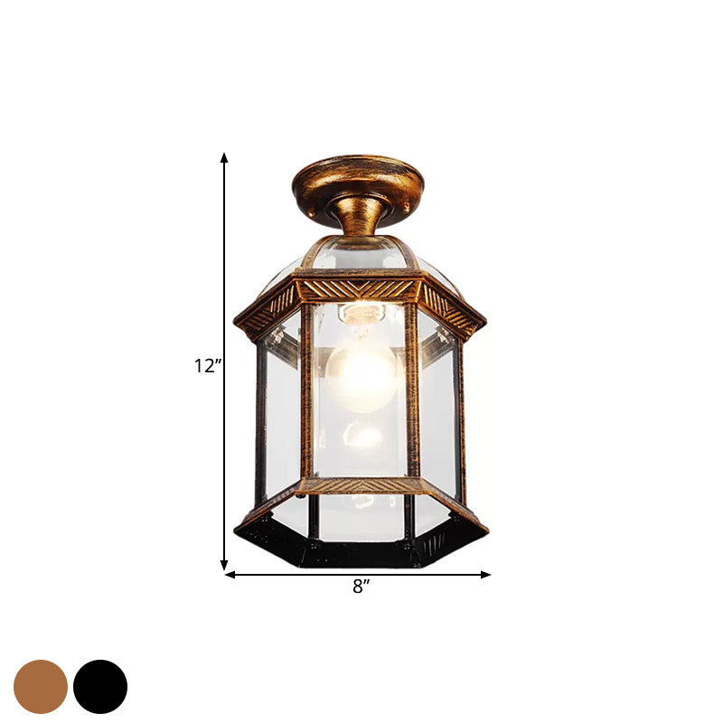 Traditional Flush Mount Cage Lantern With Single Bulb In Black/Brass 8’/9.5’ Wide