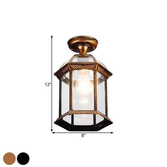 Traditional Flush Mount Cage Lantern With Single Bulb In Black/Brass 8’/9.5’ Wide