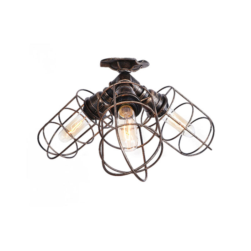 Semi Flush Farmhouse Pendant Light – Rustic Wrought Iron With Wire Frame 3 Lights Bronze/Aged Silver