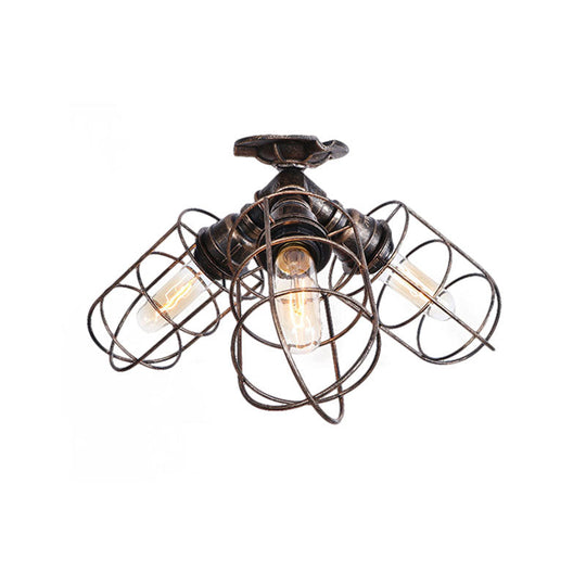 Semi Flush Farmhouse Pendant Light – Rustic Wrought Iron With Wire Frame 3 Lights Bronze/Aged Silver