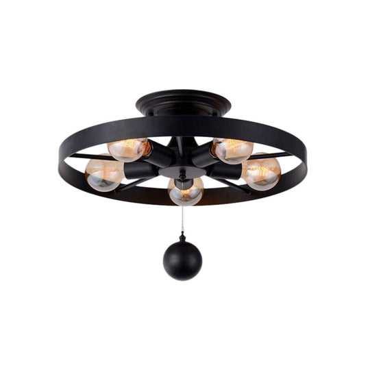Industrial Style Wheel Semi Flush Light With Ball Accents - 5 - Light Metal Ceiling Fixture Black