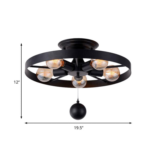 Industrial Style Wheel Semi Flush Light With Ball Accents - 5 - Light Metal Ceiling Fixture Black