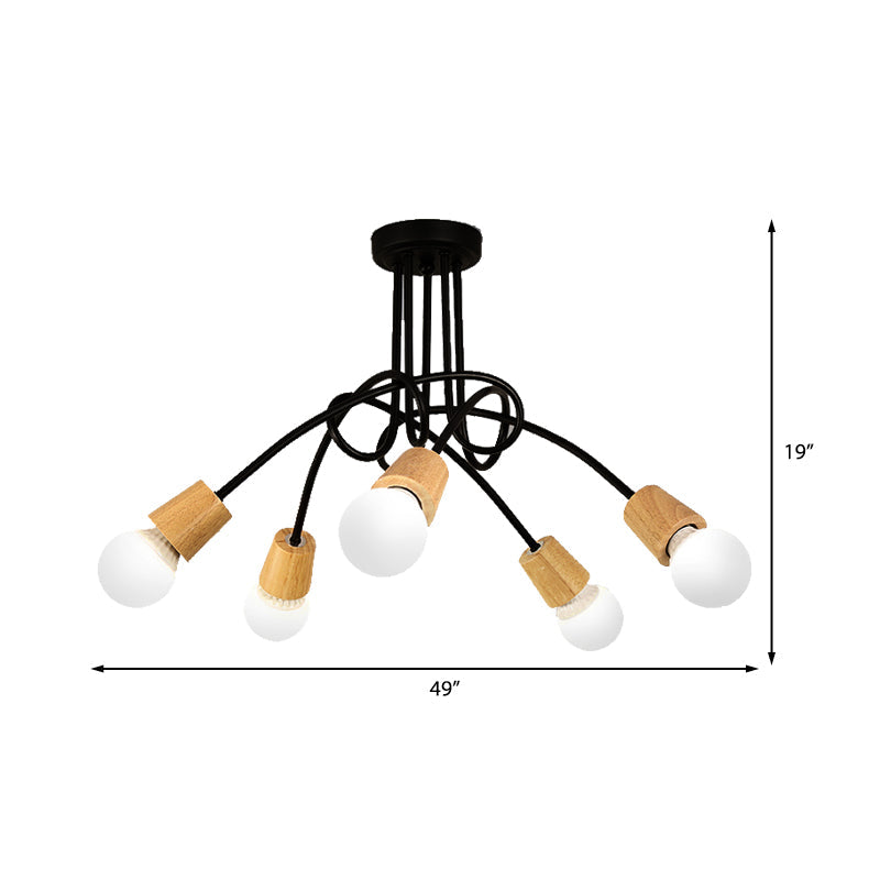 Loft Style Metal Ceiling Light With Open Bulb & Twisted Arm – 3/5 Lights Wood Accent Perfect For