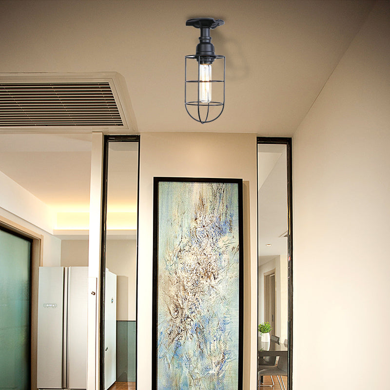 Vintage Wire Guard Ceiling Light For Corridors - Black/Bronze Semi-Flush Mount With 1 Bulb Black