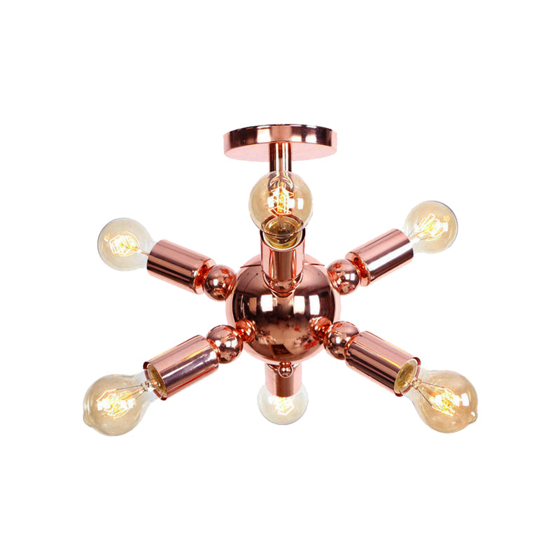 Vintage Copper Finish 6/9 Lights Starburst Semi Flush Ceiling Light For Bedroom