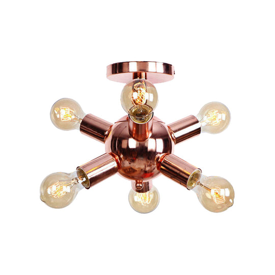 Vintage Copper Starburst Ceiling Light With Bare Bulb - Ideal For Restaurants (6/9 Heads)