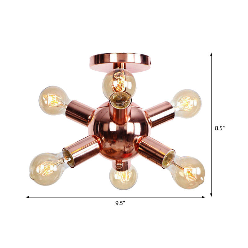 Vintage Copper Starburst Ceiling Light With Bare Bulb - Ideal For Restaurants (6/9 Heads)