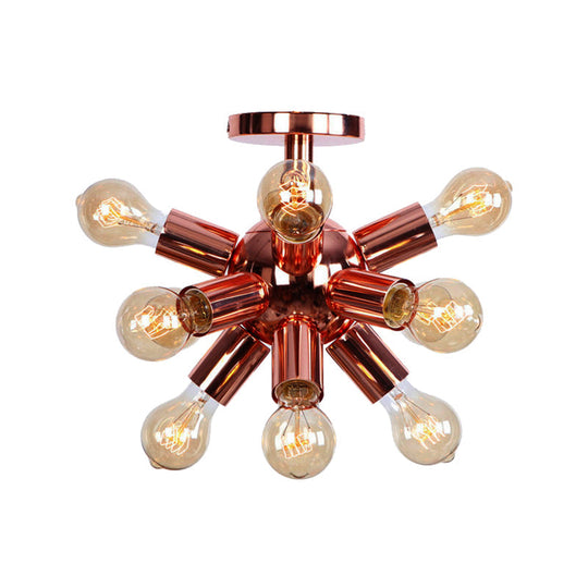 Vintage Copper Starburst Ceiling Light With Bare Bulb - Ideal For Restaurants (6/9 Heads)