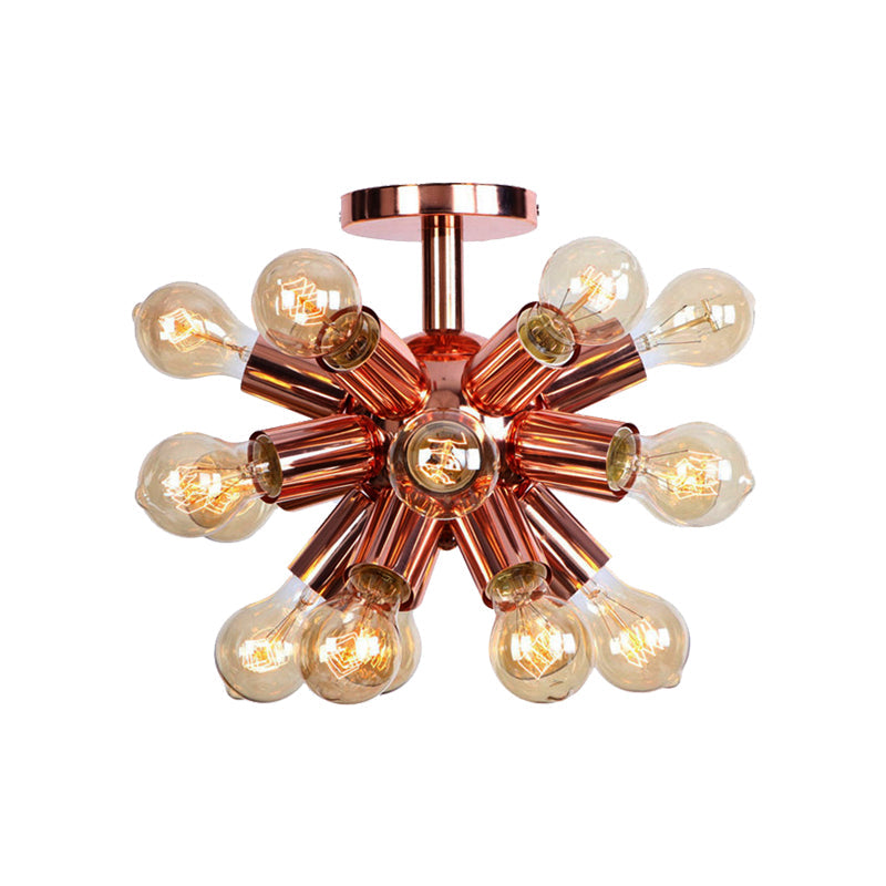 Vintage Copper Starburst Ceiling Light With Bare Bulb - Ideal For Restaurants (6/9 Heads)