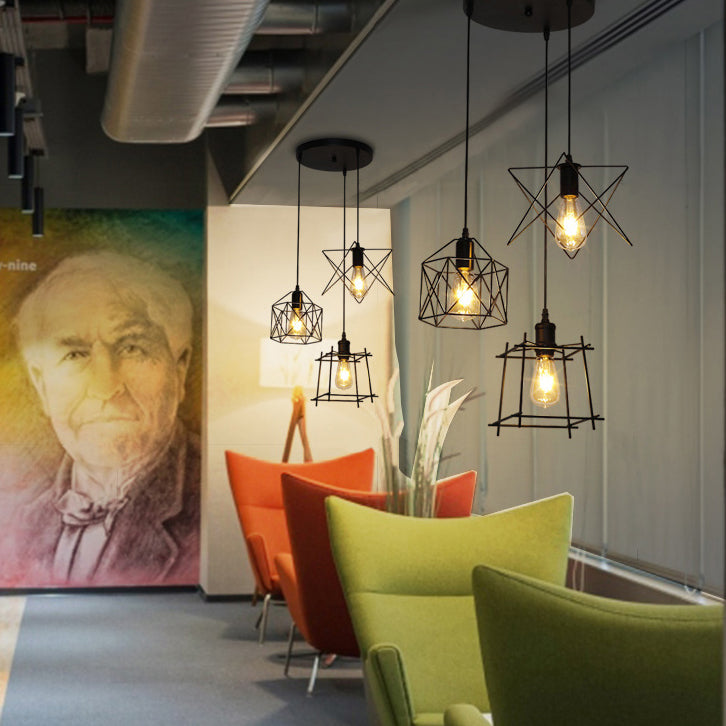 Vintage Black Iron Pendant Light With 3 Wire Frame Shades – Ideal For Coffee Shops / Round