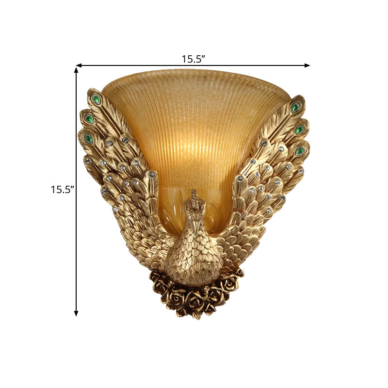 Amber Ribbed Glass 1-Head Gold Wall Sconce With Peacock Design - Bell Shape Lighting For Sitting
