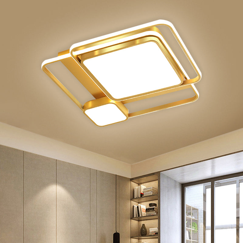 Modern Led Metal Rectangular Ceiling Light Fixture In Gold Flush Mount 21’/23.5’ Width -
