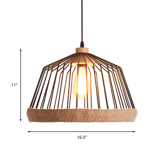 Vintage Style Black Wire Cage Ceiling Fixture - 1 Light Kitchen Hanging Lamp With Rope
