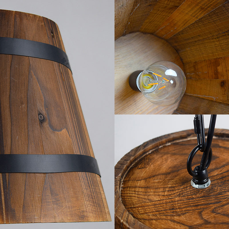 Retro Single Head Wood Bucket Hanging Light In Brown For Restaurants
