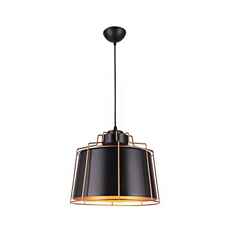 Industrial Metal Drum Shade Ceiling Fixture - 1 Light Black Suspension Lamp For Dining Tables