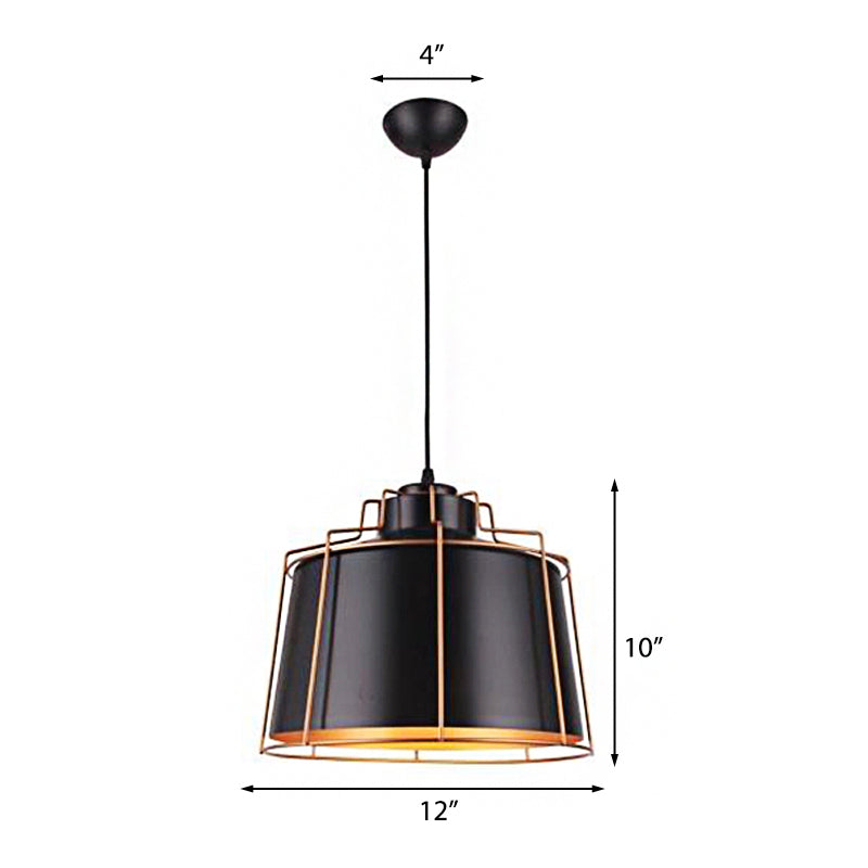 Industrial Metal Drum Shade Ceiling Fixture - 1 Light Black Suspension Lamp For Dining Tables