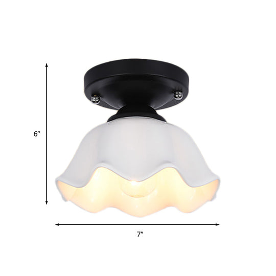 Milky Glass Industrial Living Room Light Fixture - Scalloped Semi Flush Black Finish +