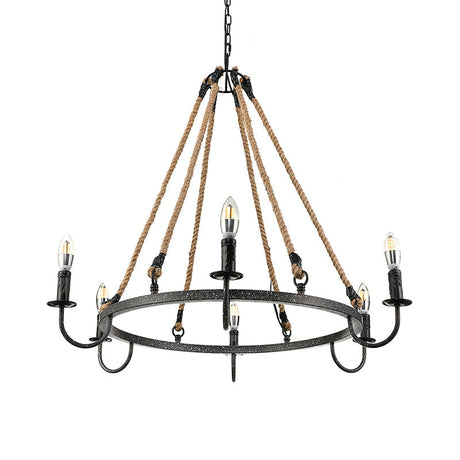 Rustic 6-Head Metal & Rope Ceiling Chandelier For Restaurants - Vintage Candle Lamp With Open Bulbs