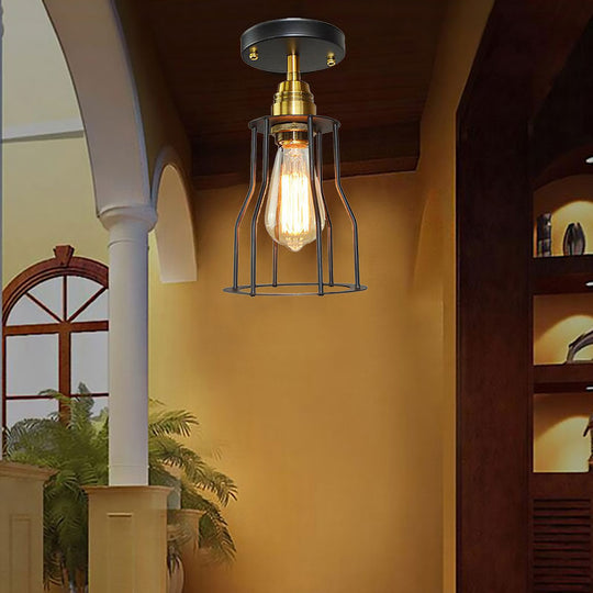 Industrial Style Wire Guard Ceiling Light - Metallic Semi Flush Brass/Antique Brass Hallway