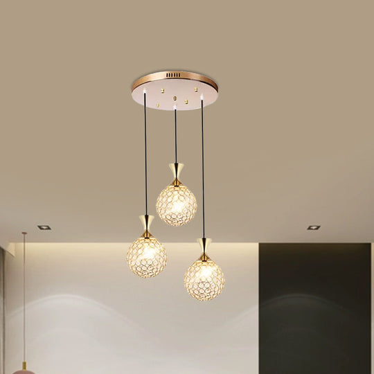 Globe Dining Room Ceiling Lamp Crystal Encrusted Pendant Light Fixture - Gold 3/5 Bulbs