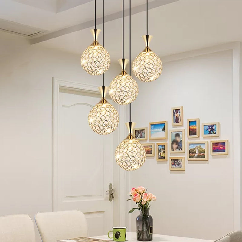 Globe Dining Room Ceiling Lamp Crystal Encrusted Pendant Light Fixture - Gold 3/5 Bulbs