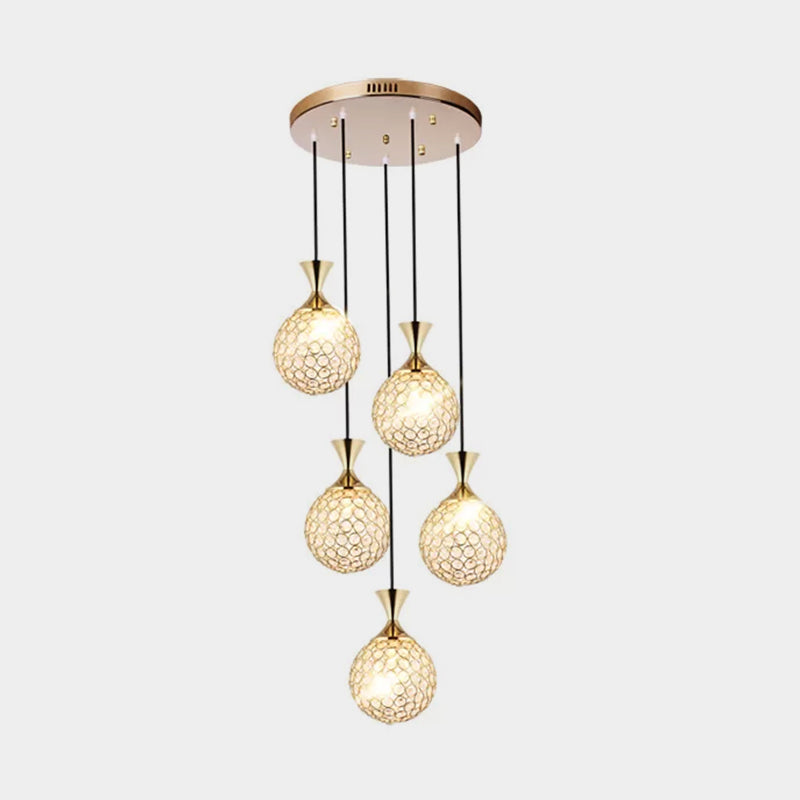 Globe Dining Room Ceiling Lamp Crystal Encrusted Pendant Light Fixture - Gold 3/5 Bulbs